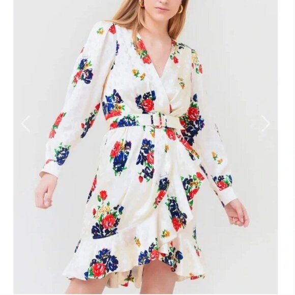 Tory Burch | 100% Silk Printed Wrap Dress with Belt in Ivory Tea Rose - Size 8 - Picture 1 of 16